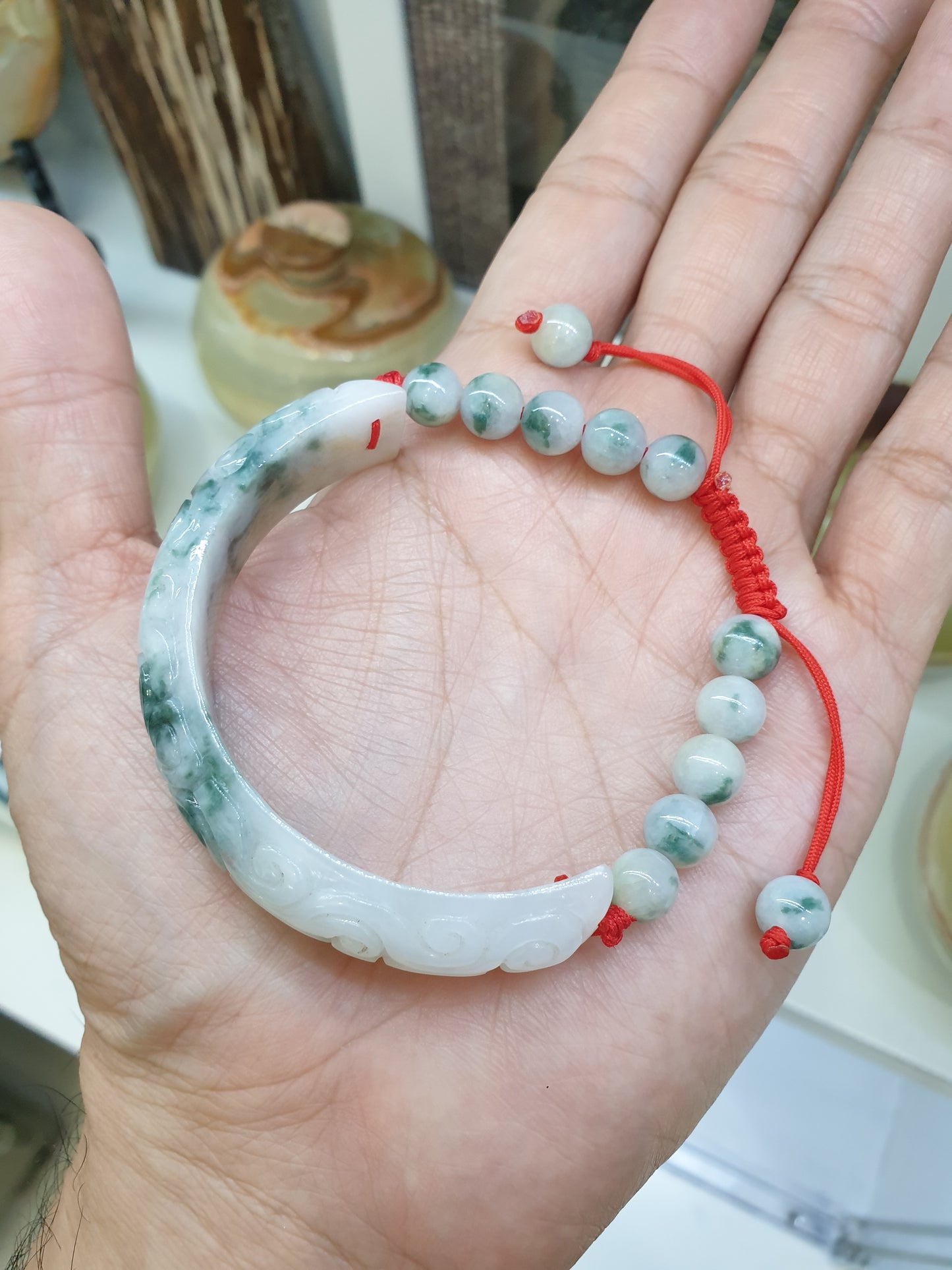 Jade Floral Half Bangle Red Thread Bracelet (Adjustable) | Fei Cui - Type A - Jadeite