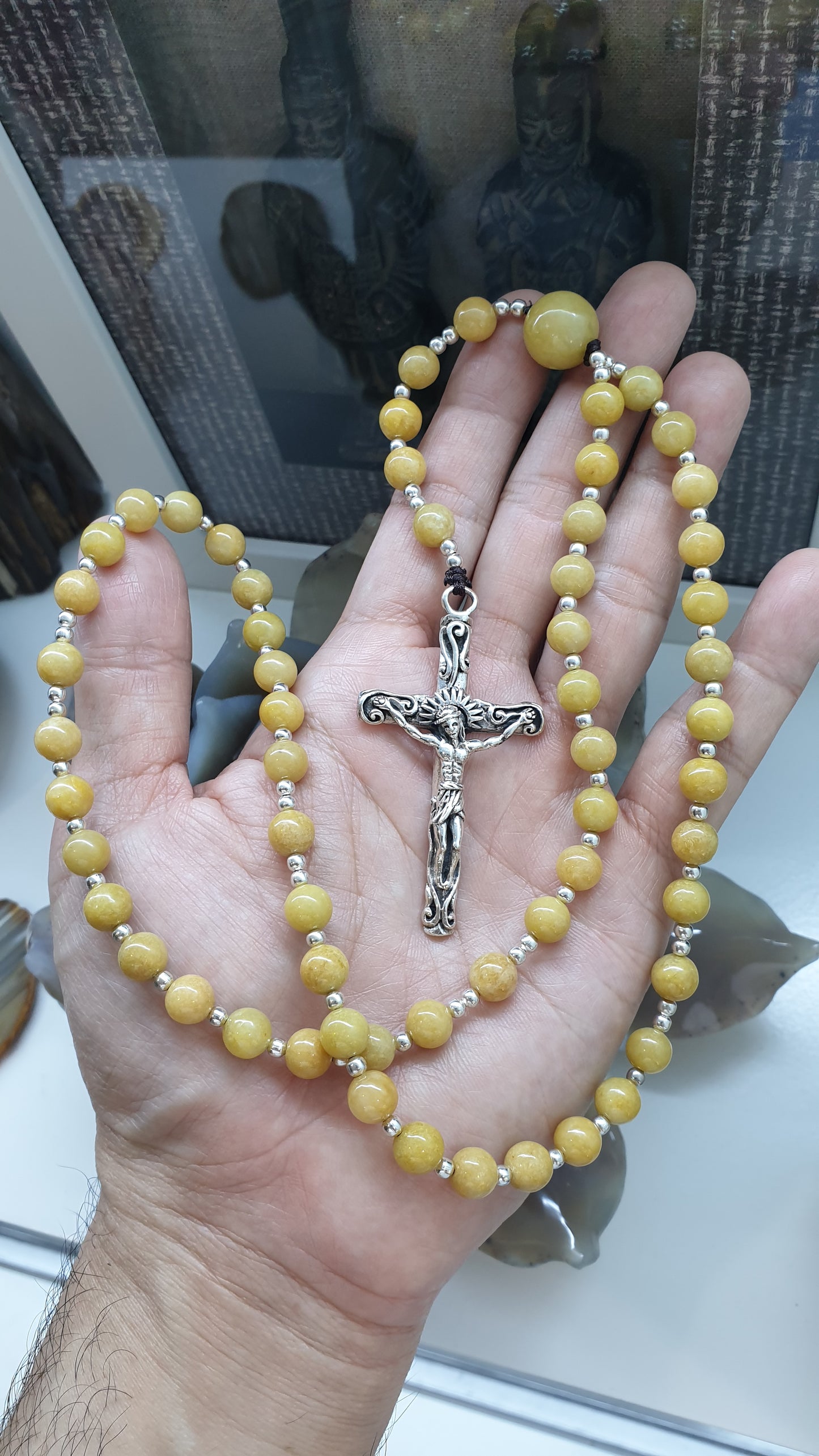 Yellow Jade Rosary Beads Necklace | Fei Cui Type A Jadeite + Sterling Silver | Gift Idea for Him or Her 🎁