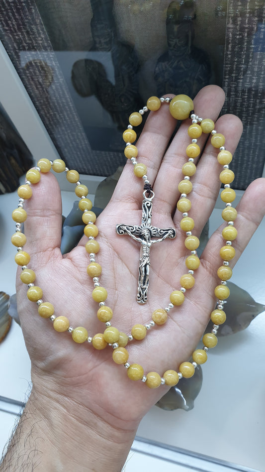 Yellow Jade Rosary Beads Necklace | Fei Cui Type A Jadeite + Sterling Silver | Gift Idea for Him or Her 🎁