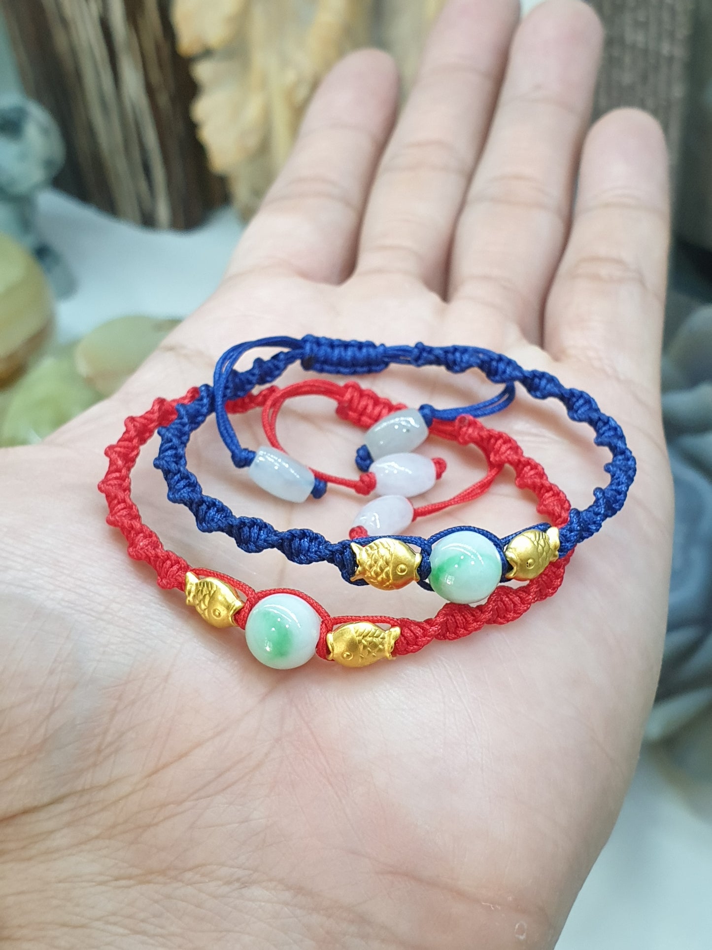 24K Pure Gold Koi Fish and Moss in Snow Jade Braided Bracelet Natural Jadeite