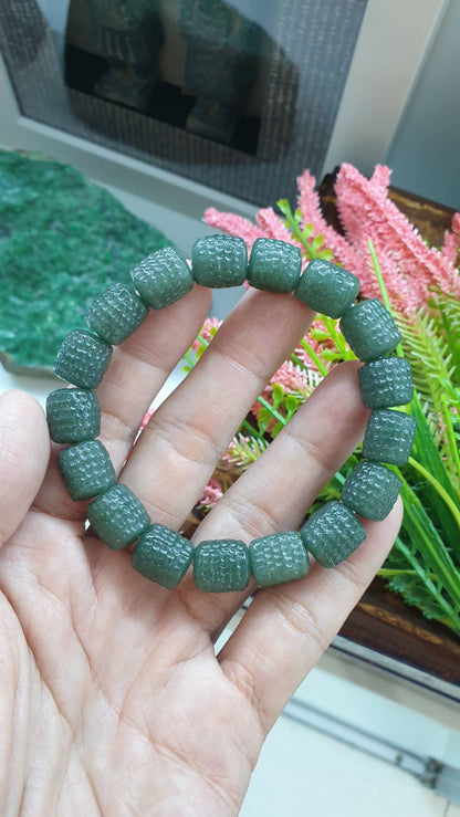 Gent's Jade Bracelet 18cm Type A Myanmar Jadeite Hammered Style Barrel Beads