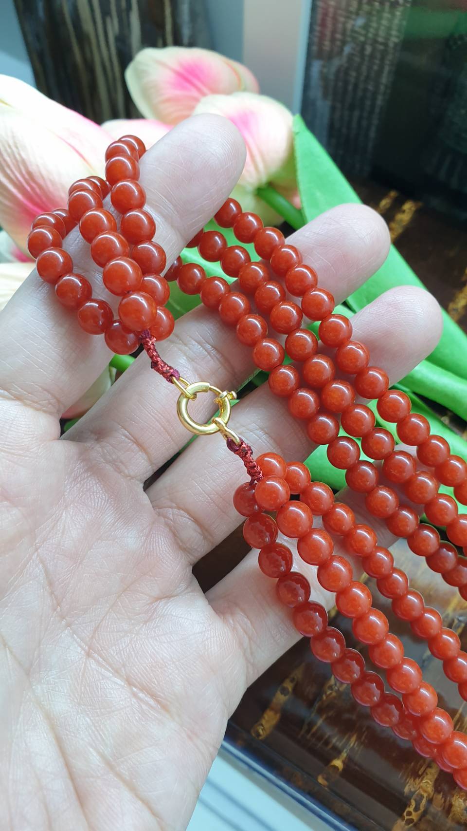 Red Jade Layered Necklace 18 inch - Natural Jadeite Beads, 22K Gold