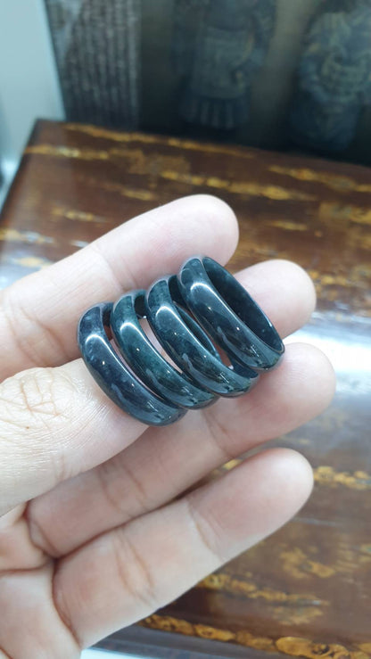 Type A Natural Black Jadeite Slim Band Ring US 12 to 13.25
