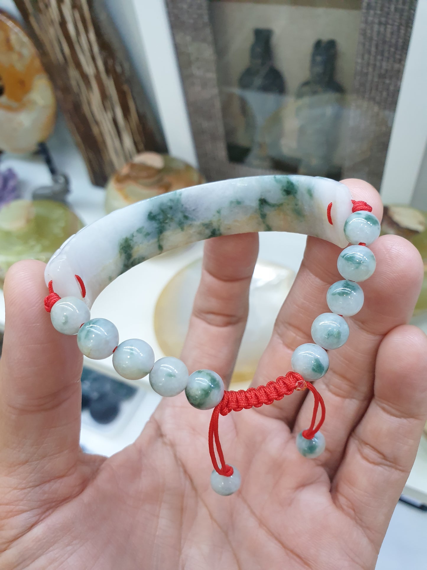 Jade Floral Half Bangle Red Thread Bracelet (Adjustable) | Fei Cui - Type A - Jadeite