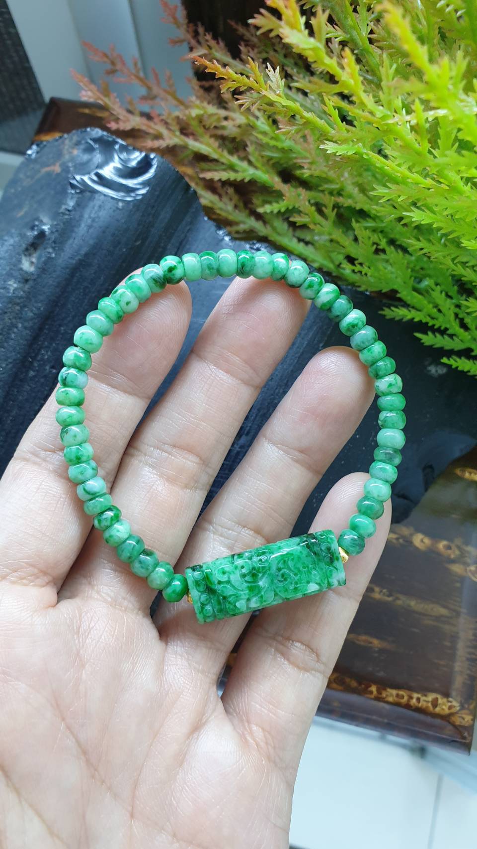 Green Jade Ru Yi Cylinder Bracelet 17cm Fei Cui Type A Jadeite Abacus Beads and Charm