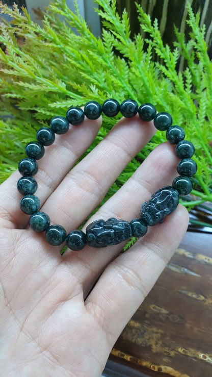 Blue Jade Pixiu Bracelet 17cm with Type A Natural Jadeite Beads