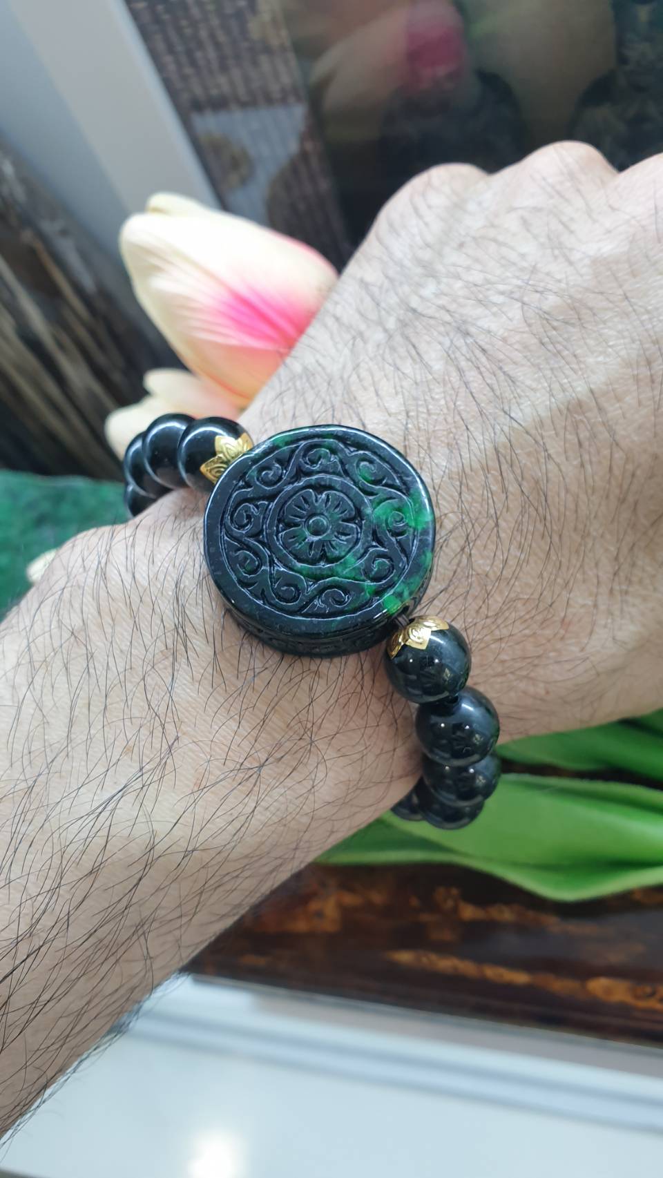 Vintage Black Jade Bracelet (17 cm) | 23K Gold & Type A Natural Jadeite | Good Fortune Beaded Jewelry