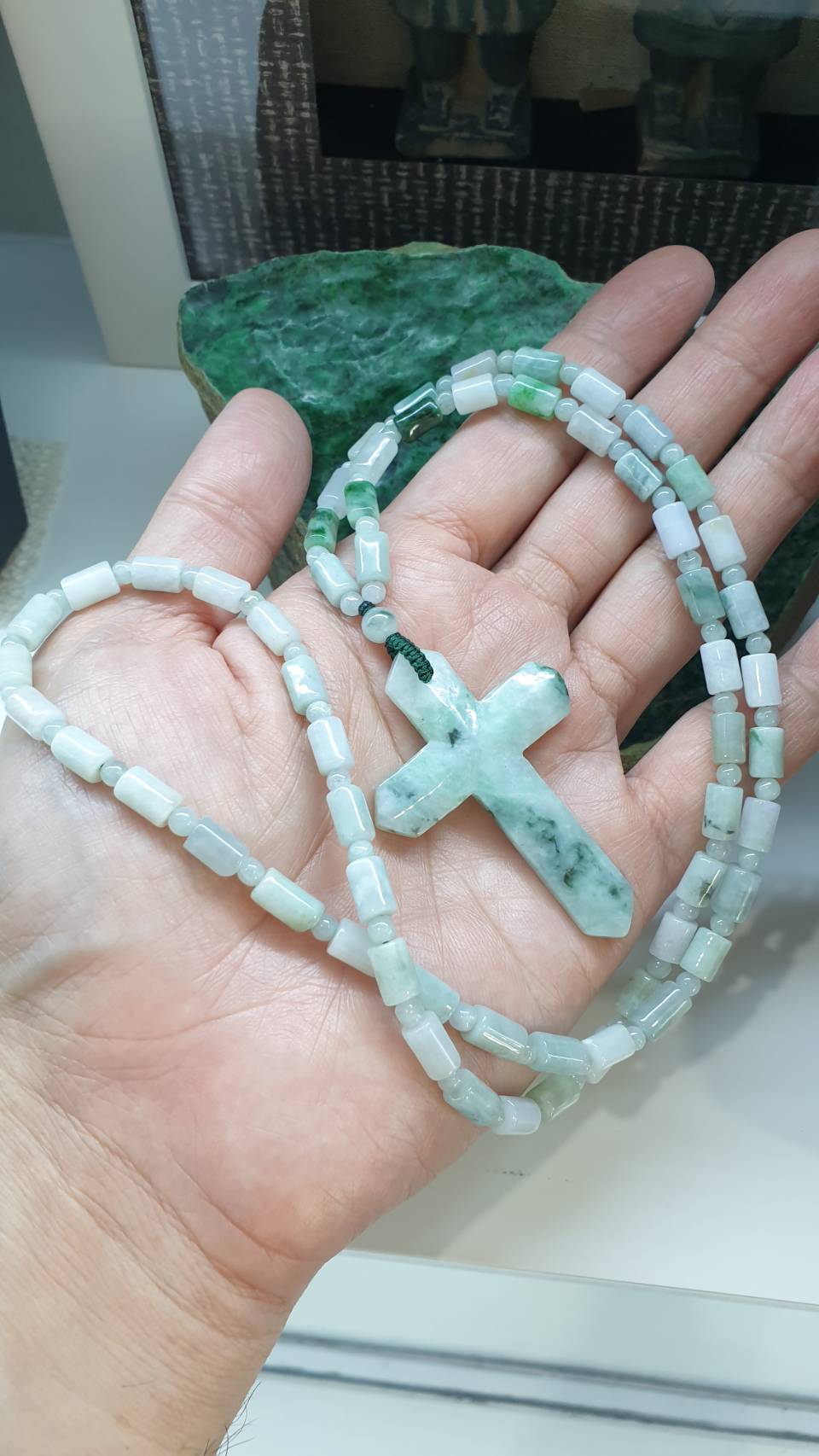 Cross Jade Beaded Necklace 26inch Fei Cui Type A Natural Myanmar Jadeite