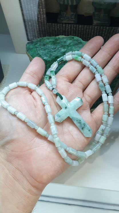 Cross Jade Beaded Necklace 26inch Fei Cui Type A Natural Myanmar Jadeite