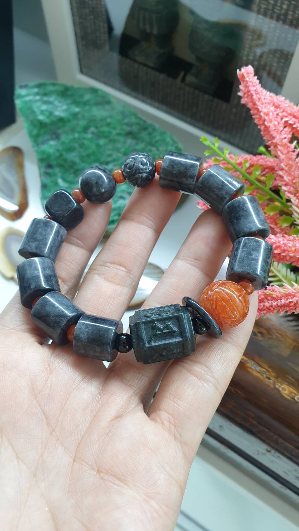 Type A Black Jadeite Bracelet 17cm with Mixed Beads and Red Jade Accents