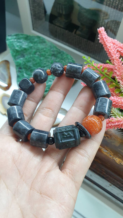 Type A Black Jadeite Bracelet 17cm with Mixed Beads and Red Jade Accents