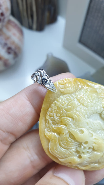 Genuine Honey Jade Dragon Pendant 🐉| Type A Natural Jadeite | Authentic Sterling Silver