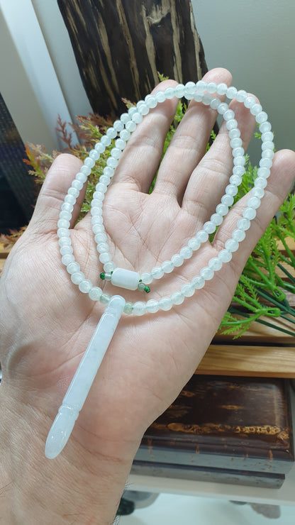 White Jade Ru Yi Bang Necklace 24inch Type A Myanmar Jadeite Natural Icy Beads