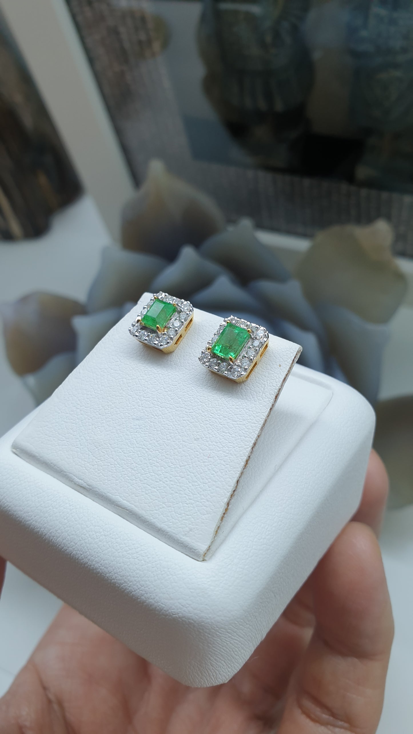 Emerald & Diamond Stud Earrings | 14K Gold Fine Jewelry