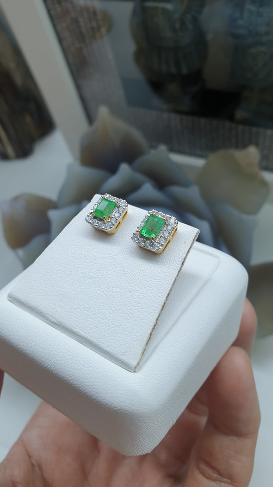 Emerald & Diamond Stud Earrings | 14K Gold Fine Jewelry