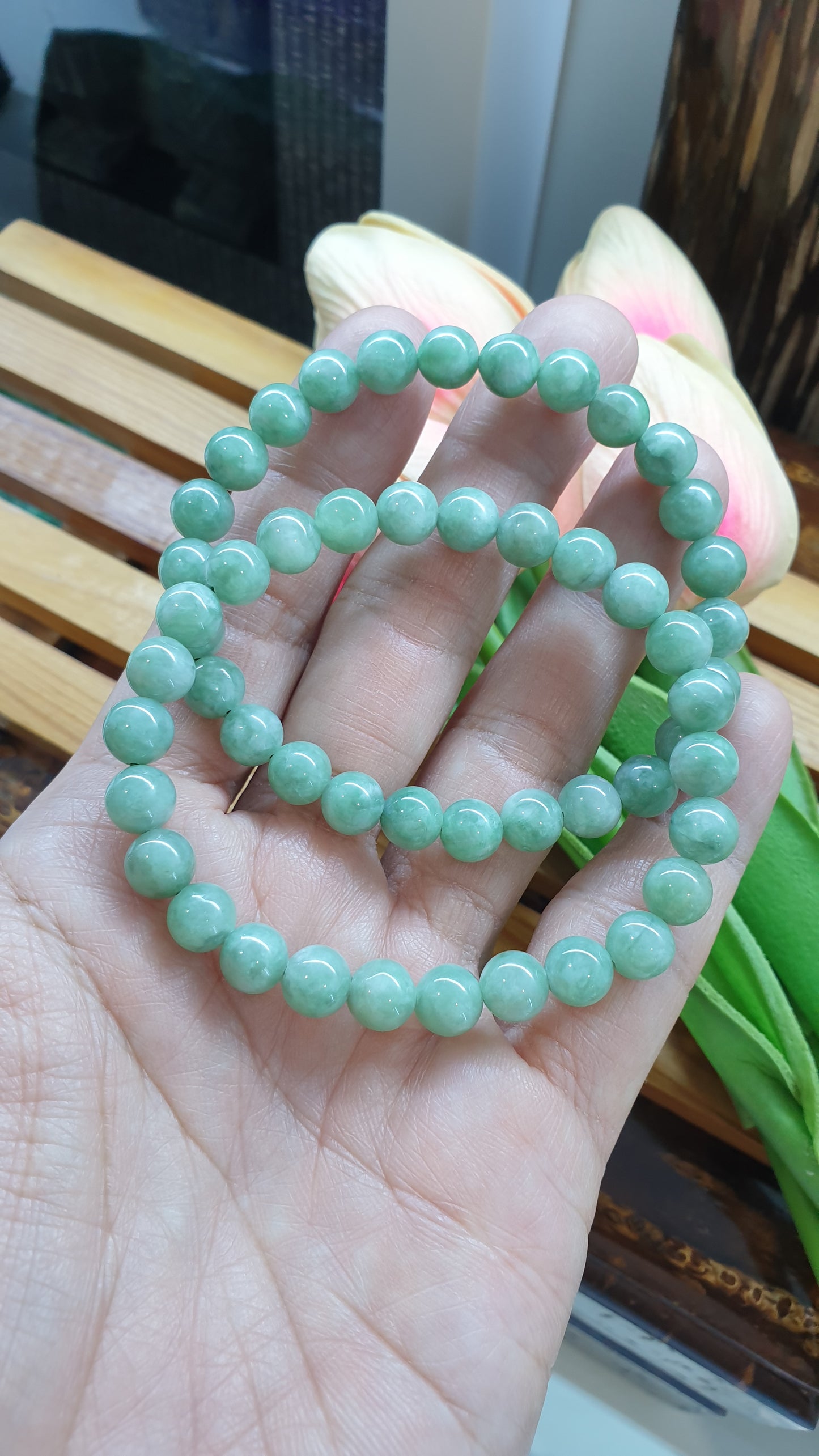 Green Jade Beaded Bracelet 17cm Type A Myanmar Jadeite