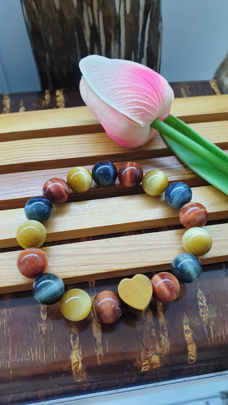 Hok Lok Siew Tiger Eye Love Bracelet 17cm - Natural Stone Beads