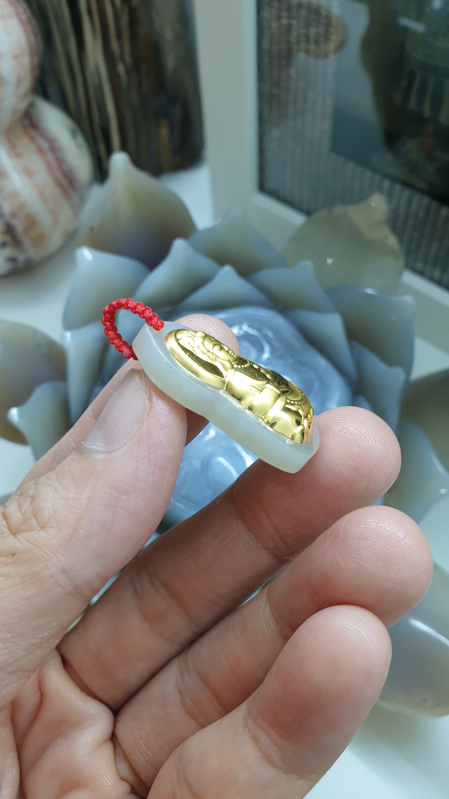 24K Gold Guan Yin Pendant |(4D Printed / Coated) | Natural Hetian Jade | Lucky Red Thread
