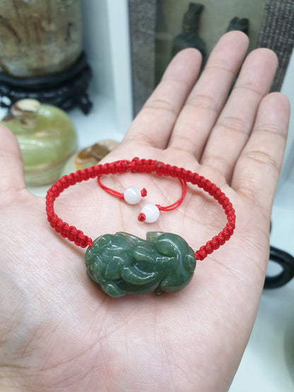 Jade Pixiu Red Thread Bracelet (Adjustable) | Pure 24K Gold Beads | Fei Cui - Natural Jadeite