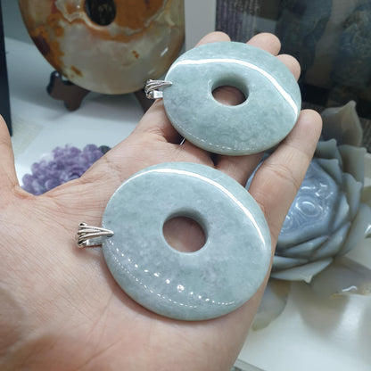 Lavender Jade Bi Disc Pendant | Fei Cui - Natural Jadeite & Sterling Silver | Statement Piece Jewelry