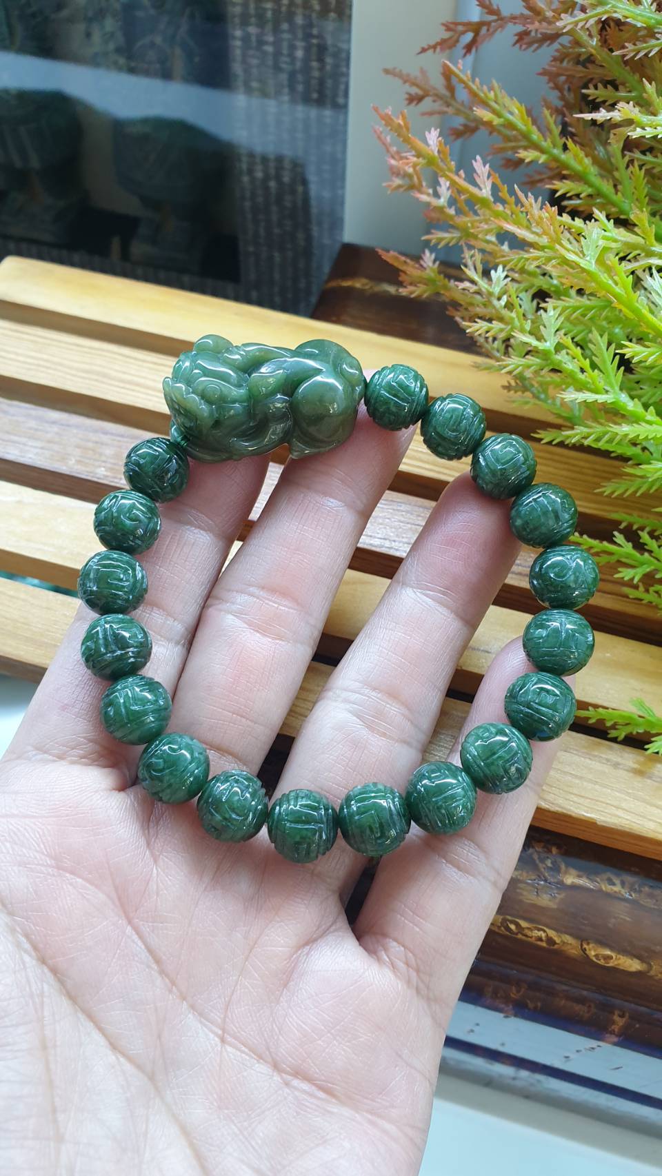 Jade Pixiu on Ru Yi Beads Bracelet 18cm Fei Cui Type A Natural Jadeite