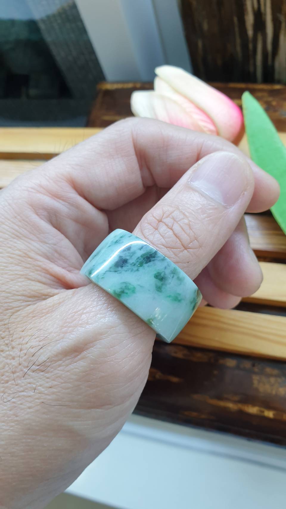Jade Archer's Ring 11.75 US Type A Natural Jadeite Marbled Green