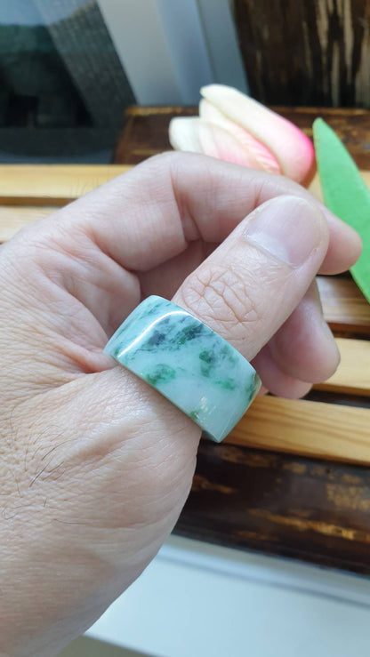 Jade Archer's Ring 11.75 US Type A Natural Jadeite Marbled Green