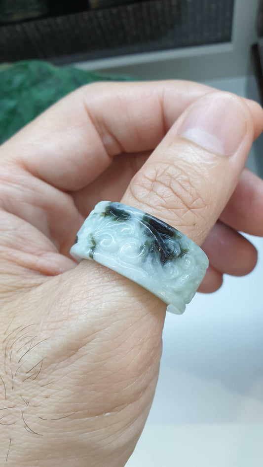 Ru Yi Jade Ring 10.75US Vintage Type A Natural Myanmar Jadeite Marbled Offwhite