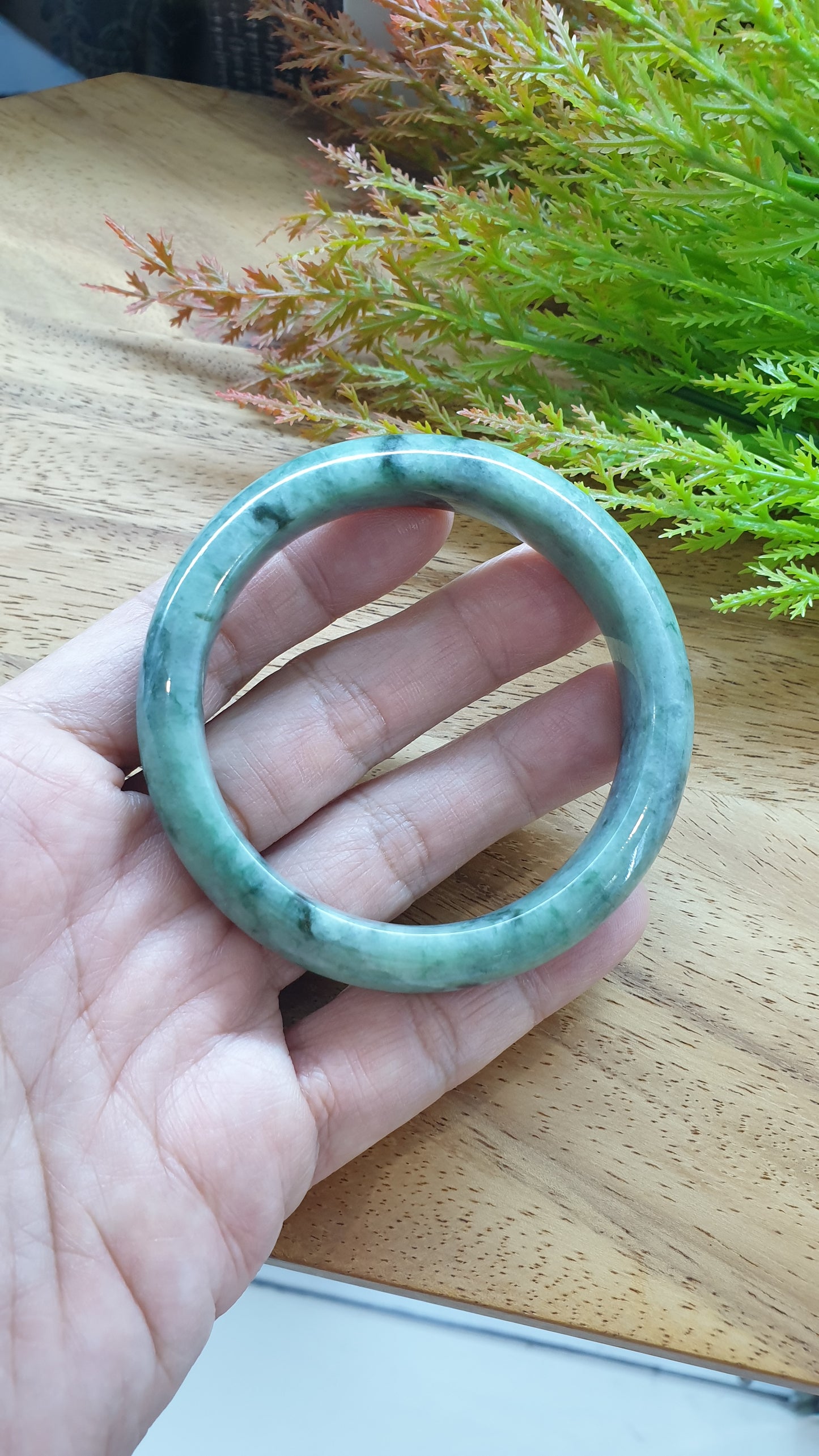 Jade Bangle S58.5 Type A Myanmar Jadeite Speckled Natural Moss Green