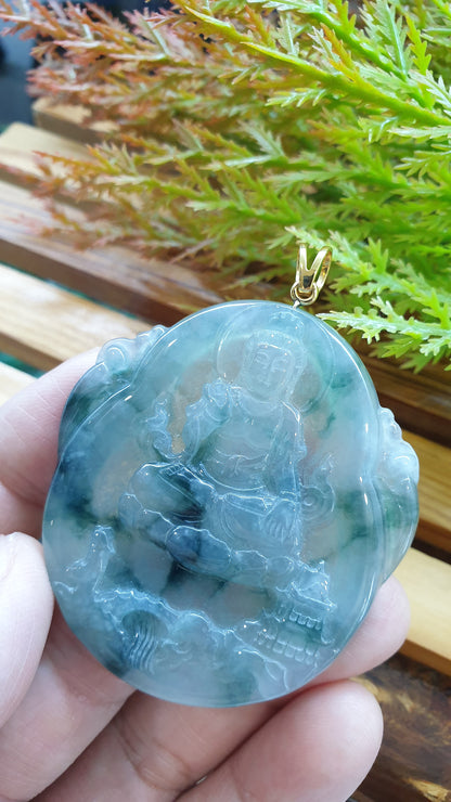 14K Solid Gold Jade Guan Yin Pendant Type A Natural Icy Blue Green Jadeite
