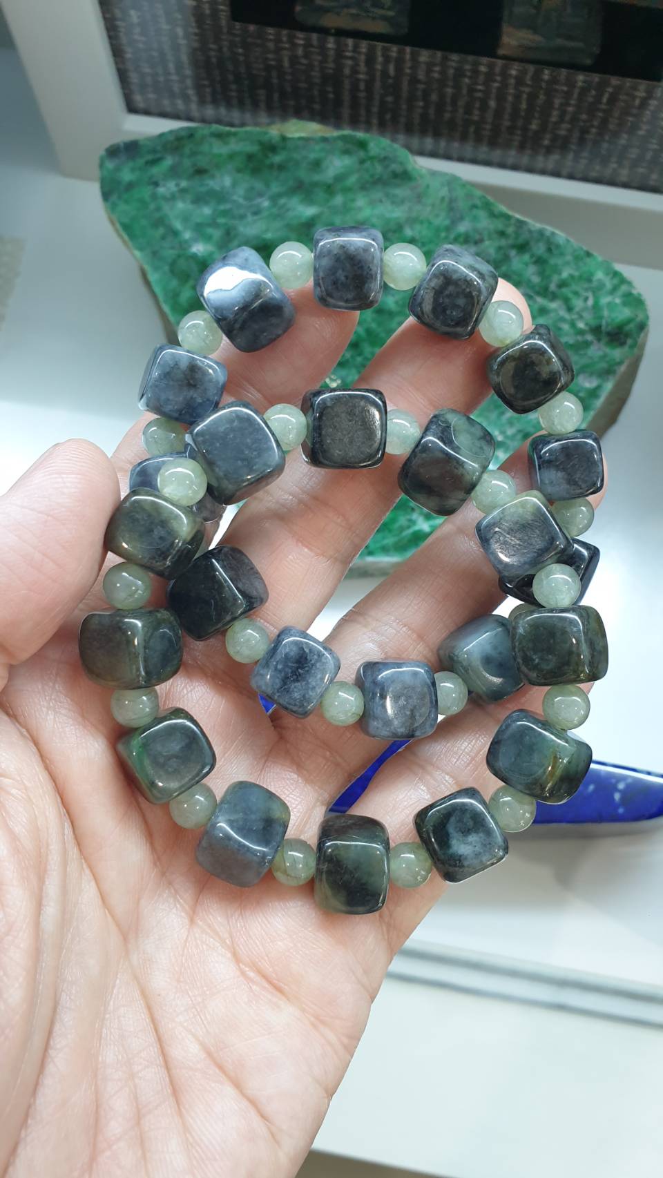 Cube Mabled Black Jade Bracelet 17cm Type A Natural Jadeite Spaced Beads