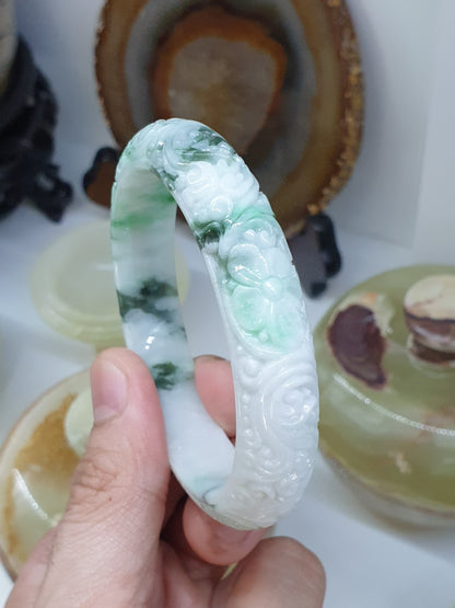 Carved Jade Floral Bangle S58.5 Type A Burma Jadeite Natural Moss in Snow