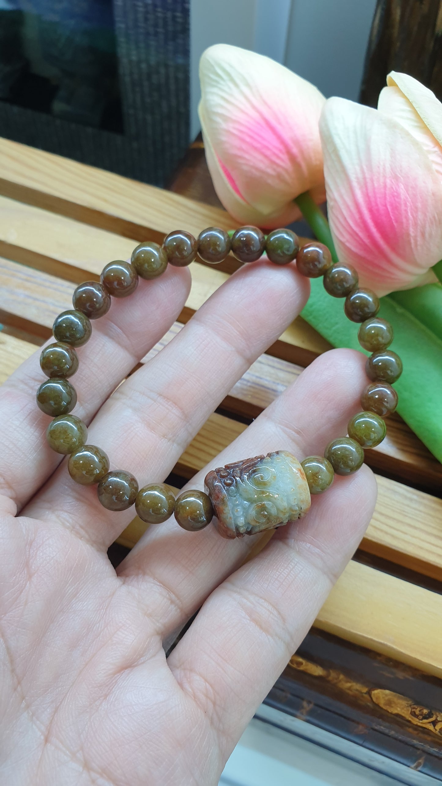 Vintage Brown Jade Wish Fulfilling Bracelet 17cm Ru Yi Cylinder Charm Natural Jadeite