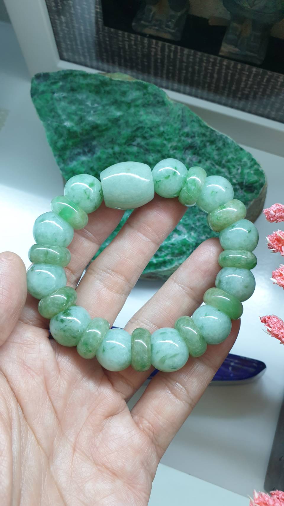 Fei Cui Green Jade Bracelet 17cm Type A Natural Myanmar Jadeite 3 Beads Blend