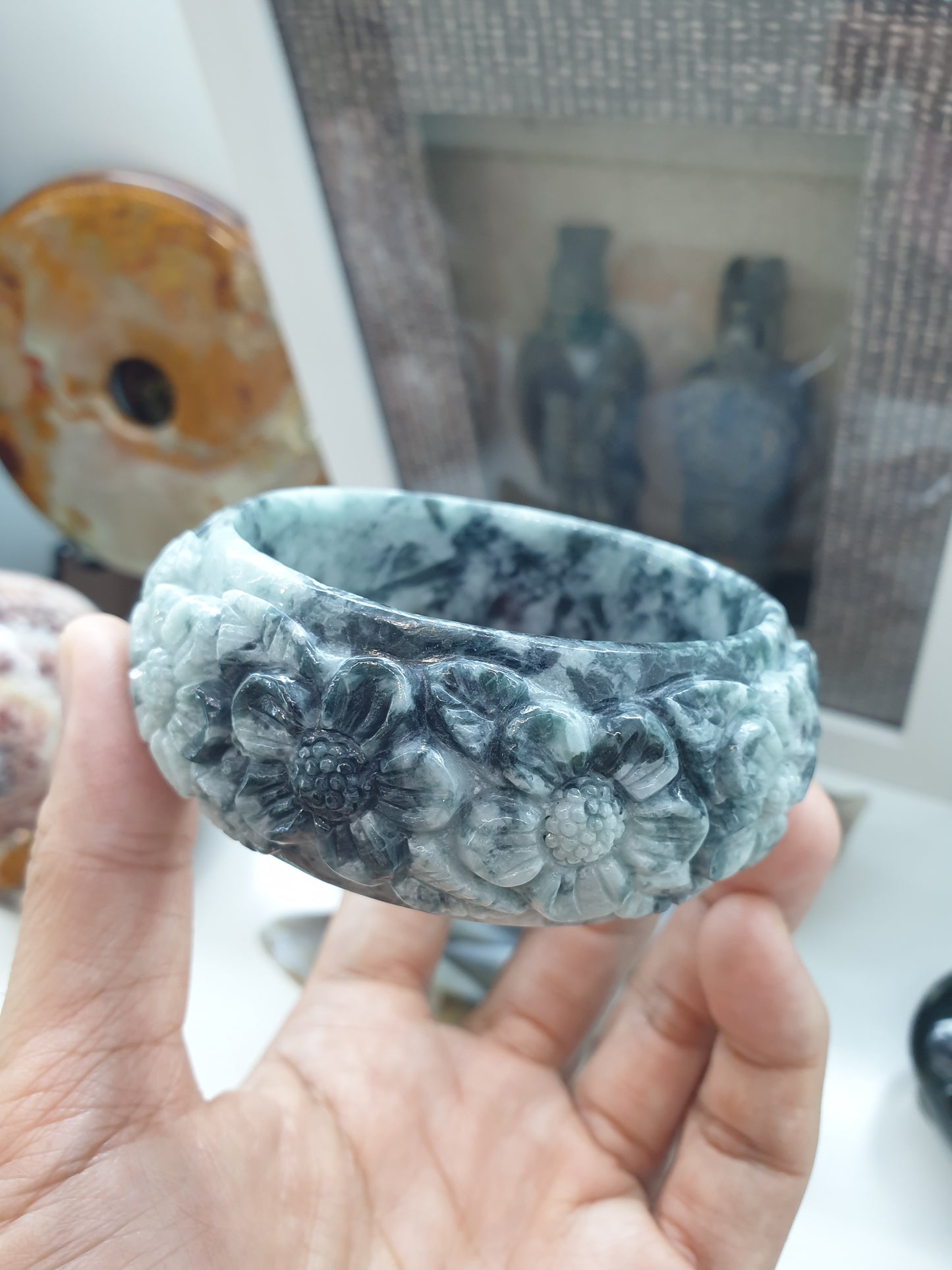 Carved Jade Floral Bangle S62.5 Type A Natural Jadeite Marbled Blue Gray
