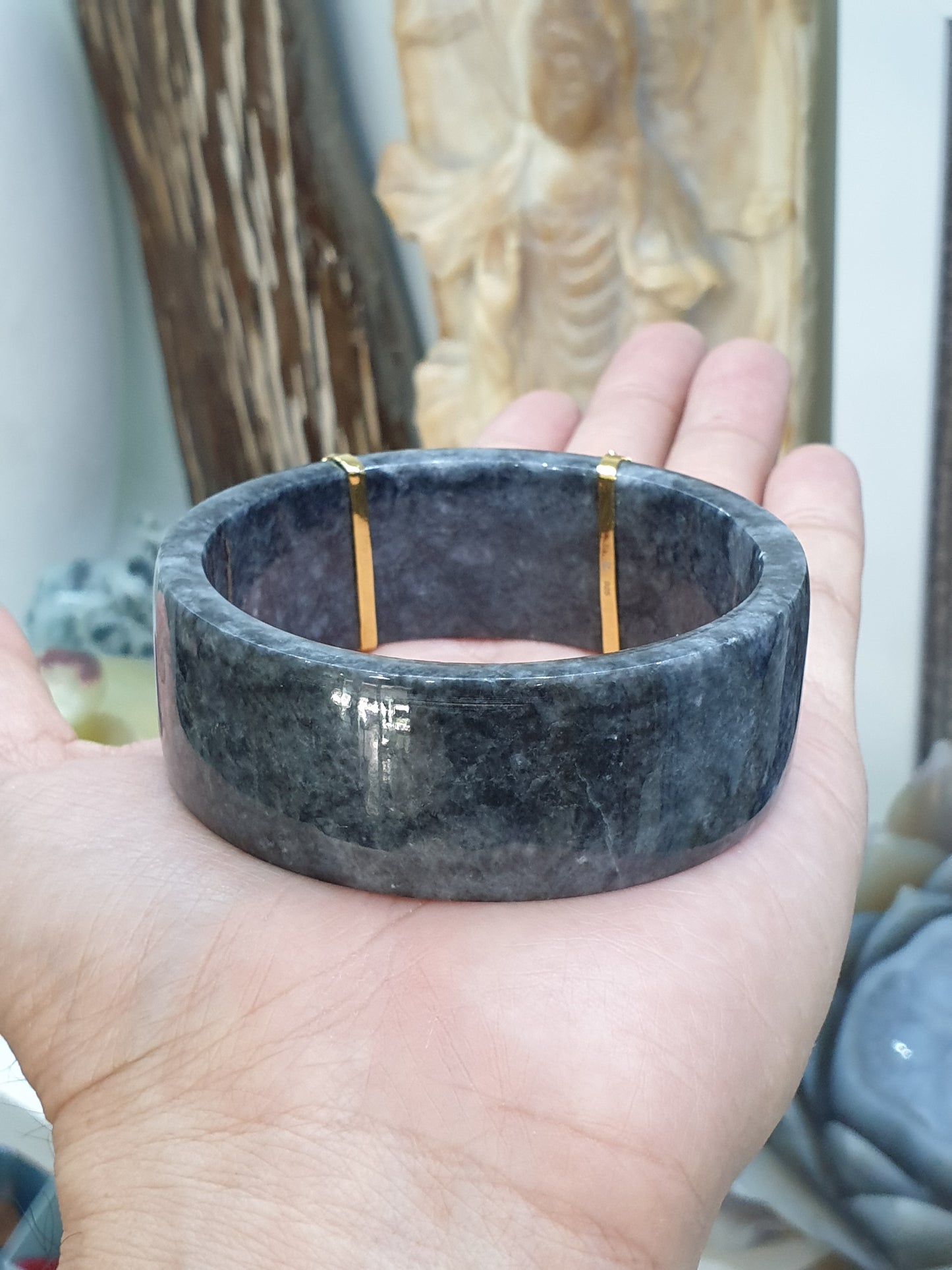 Fortune Dragon on Black Jade Bangle (S 63) | Sterling Silver | Type A Natural Jadeite | Statement Wrist Accessory