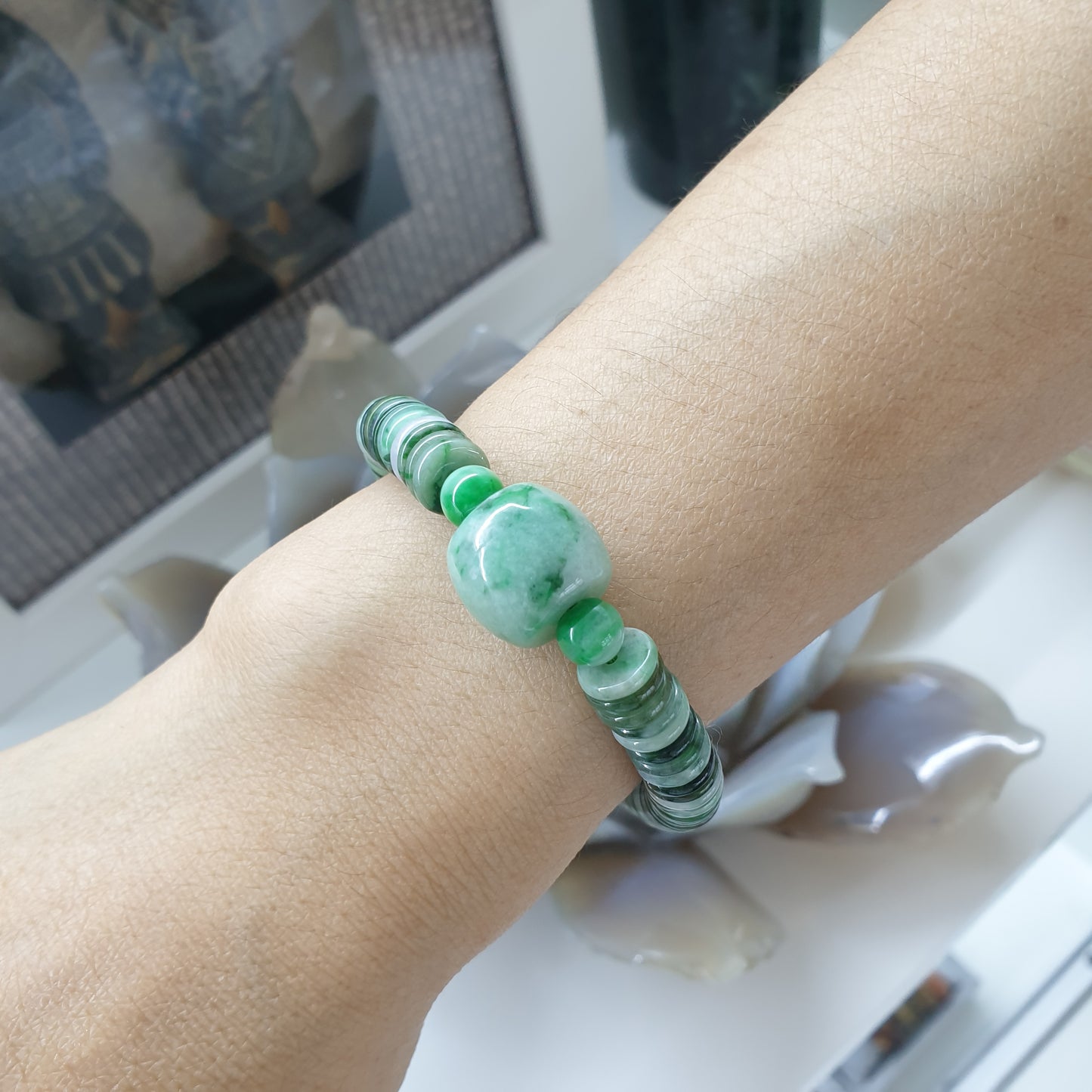 Stacked Ping An Kou Jade Bracelet | Moss in Snow Barrel Bead Charm | His or Hers Natural Jadeite Bracelet with Deep Meanings