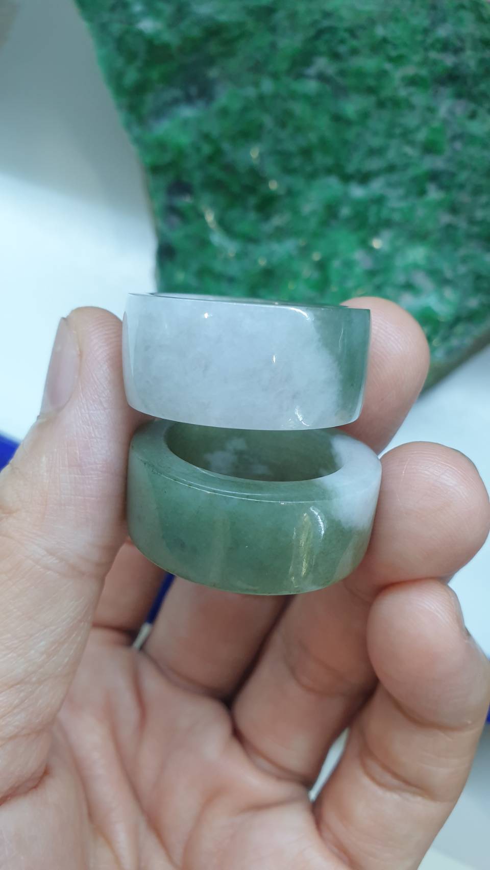 Marbled Green Jade Archers Ring 12.25US 12.75US Fei Cui Type A Natural Myanmar Jadeite