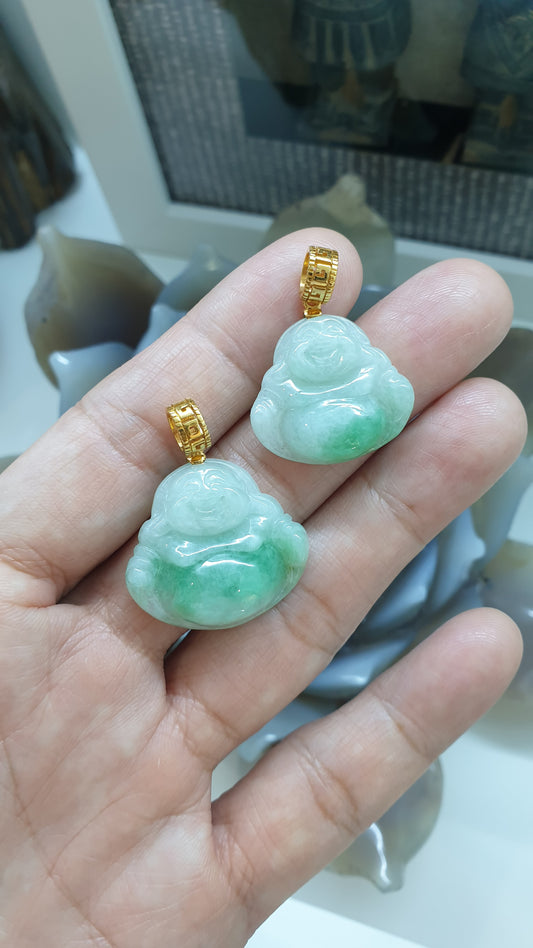 Moss in Snow Jade Happy Buddha Pendant | Solid 18K Gold | Wealth & Fortune Jewelry