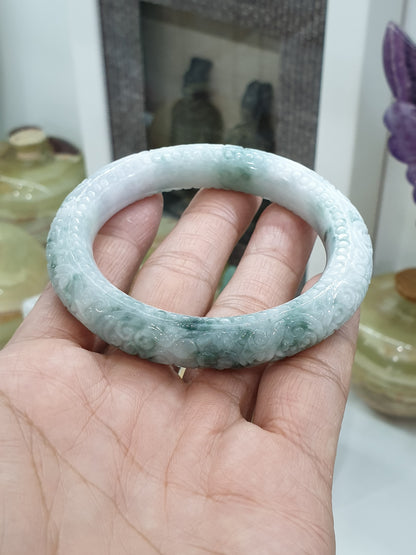 Carved Jade Floral Bangle S56 Cylindrical Type A Moss in Snow Jadeite