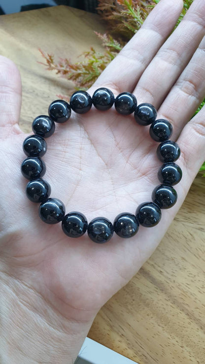 Hypersthene Bracelet 17cm Natural Black Semiprecious Stone with Silvery Sheen