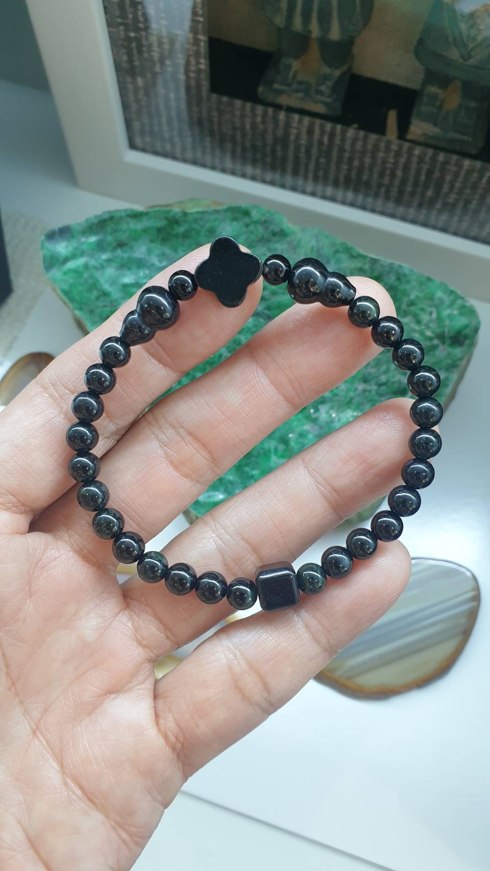 Natural Black Jadeite 17cm Bracelet with Clover, Wu Lou, and Cube Beads