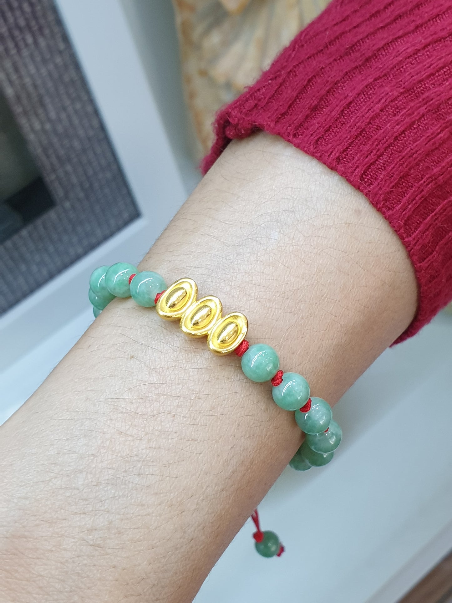 24K Pure Gold Ingot Bracelet with Natural Apple Green Fei Cui Jadeite and Red Thread