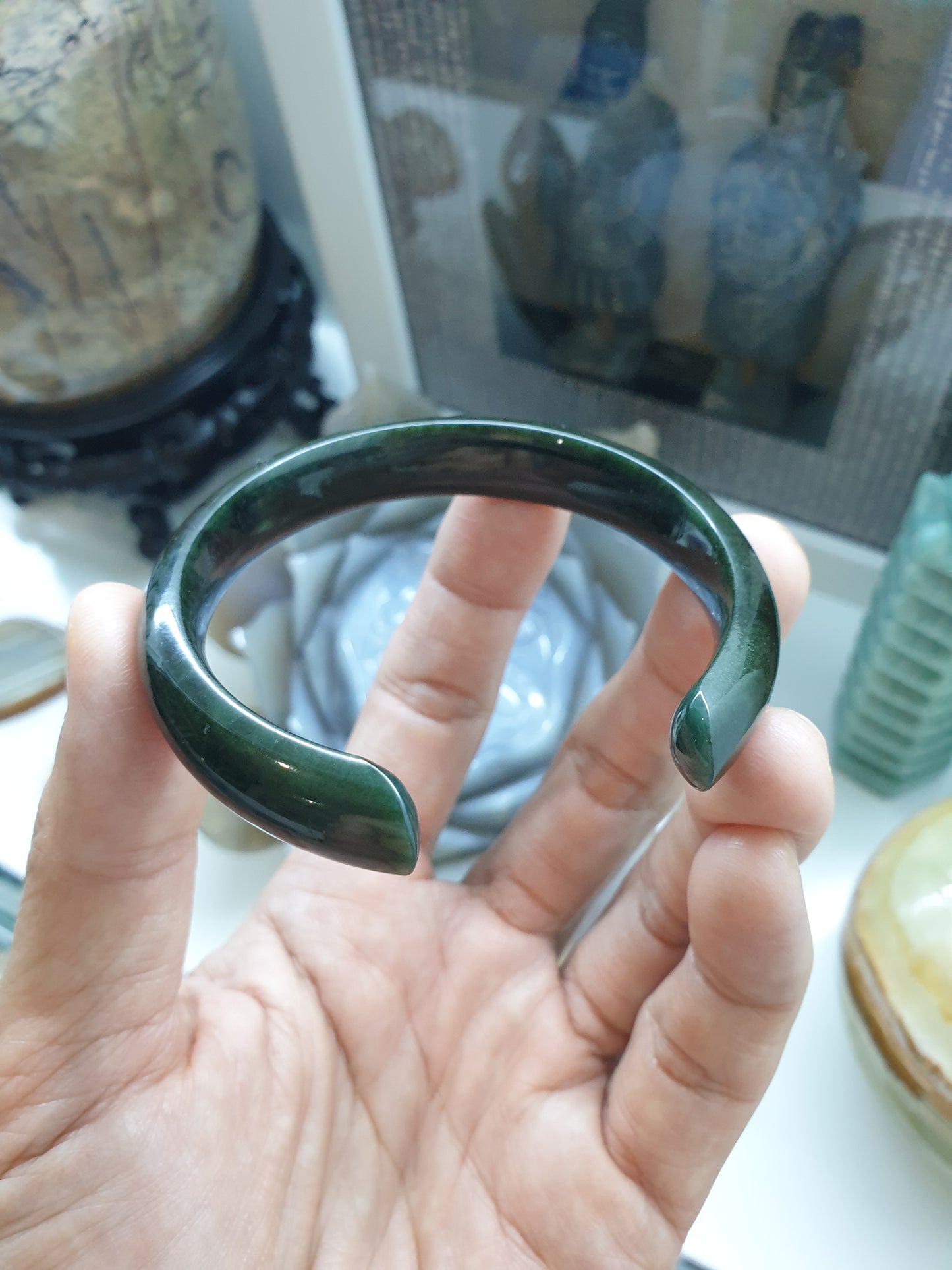 Jade Cuff Bangle Size 58 - 59 Type A - Natural Black-Green Jadeite