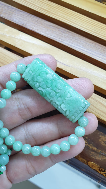 Jade Necklace 24inch with Floral Cylinder Type A Jadeite Natural Pastel Green