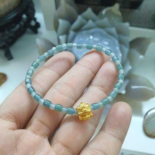 Blue Jade Petite Beads Charm Bracelet - 24K Gold Singha Charm